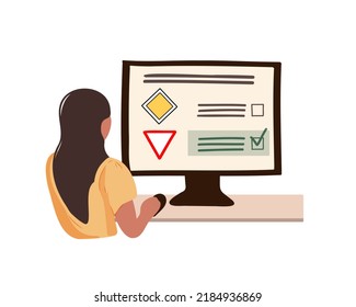 A woman chooses an answer to an online test question. Remote driving test. Driving school education. Stages of training in a driving school. Learning the rules of the road. Flat vector illustration