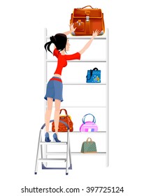 The woman chooses the bag, Vector graphics, illustration