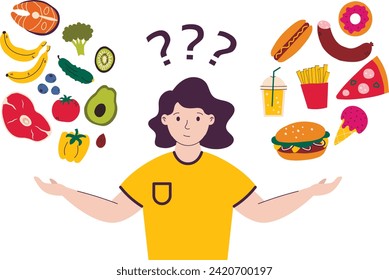 Woman chooses between the concept of healthy and unhealthy foods vector illustration. Fast food, sweet and fatty foods or natural organic foods. 