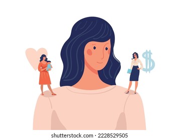 A woman chooses between a family and a career, love or money, a life path for a modern student girl, a teenager s education. Flat vector cartoon illustration isolated on white background.