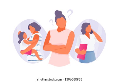 Woman chooses between family and work. Maternity or career. Vector illustration