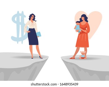 A woman chooses between family and work. The issue of female priorities between childbirth, health, marriage and career, money, business. Flat vector illustration