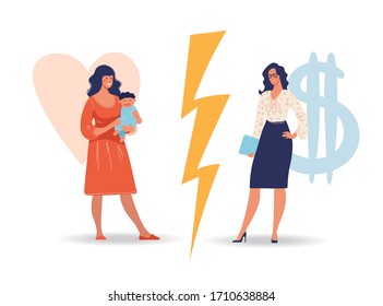 A woman chooses between family and work. The issue of female priorities between childbirth, health, marriage and career, money, business. Flat vector illustration