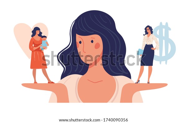A woman chooses
between family and work. The issue of female priorities between
childbirth, health, marriage and career, money, business. Flat
vector illustration