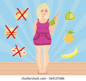 woman chooses between healthy and unhealthy food