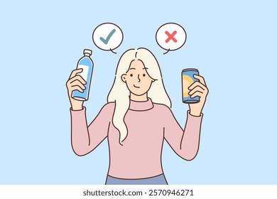 Woman chooses between mineral water and soda, recommending giving up unhealthy sweet drinks. Girl is advised to drink mineral water to avoid body exhaustion and sugar deposits from lemonades