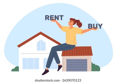 Woman chooses between renting and buying house. Rental apartment selection. Home owner. Building choice dilemma. Real estate investment. Buyer thinking about mortgage