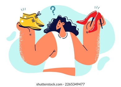 Woman chooses between sneakers and high-heeled shoes to wear for walk in park or fashionable party. Shopping girl finds it difficult to choose shoes while walking through fashion store