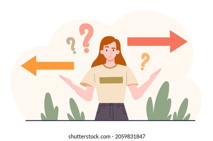 Woman chooses between two paths. Person looking for best solution to problem. Uncertainty concept. Thoughtful confused character. Cartoon flat vector illustration isolated on white background
