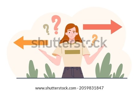 Woman chooses between two paths. Person looking for best solution to problem. Uncertainty concept. Thoughtful confused character. Cartoon flat vector illustration isolated on white background