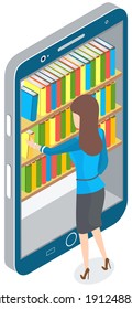 Woman chooses book in digital online library on smartphone with app. Distance education with modern technology application in phone. Screen with virtual bookshelves and stacks of multicolored books