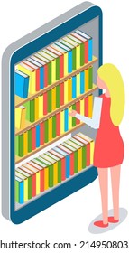 woman chooses book in digital online library or bookstore in smartphone app. Distance education with modern technology in phone. Girl looks at screen with virtual bookshelves and stacks of books
