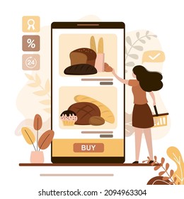 Woman chooses bread in online bakery. Mobile application presents different assortment of bakery products. Girl orders home delivery of food. Site of bakeshop on phone screen. Flat vector illustration