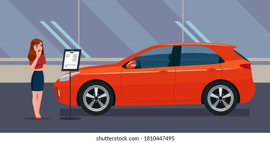 A woman chooses a car in a car dealership. Vector illustration.