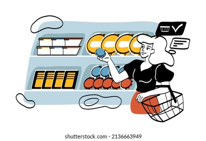 Woman chooses cheese. People in grocery store or shop. Character in dairy department. Minimalistic images for social networks or graphic elements for website. Cartoon flat vector illustration