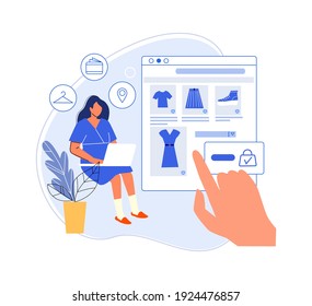 Woman chooses clothes on online web store. Woman shopping on an online store, Girl buys clothes on website vector illustration