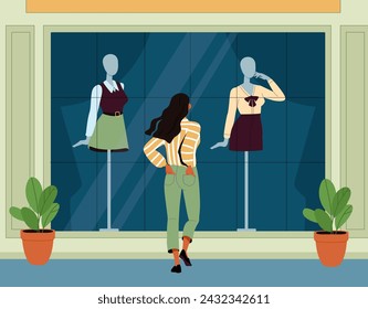 Woman chooses clothes in shopping mall. Young girl near showcase look at dummies with trendy skirts. Fashion and style. Customer at market or store. Cartoon flat vector illustration