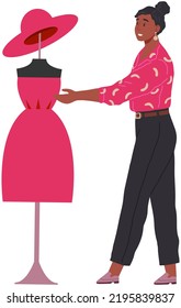 Woman chooses cocktail dress for party in womens clothing store. Person stands with mannequin in ready-made dress. Fashion designer, dressmaker, sewing specialist during work. Lady looks at outfit