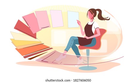 Woman chooses colors modern concept illustration. Designer select pantone swatches for decoration work. Stylist professional master in online catalog. Colorist pick flat color sample. Isolated vector.