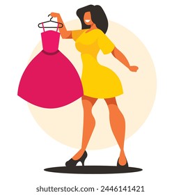 Woman chooses a dress in a clothing store. Vector graphics