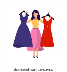 Woman chooses a dress. Girl try clothing. Vector illustration.