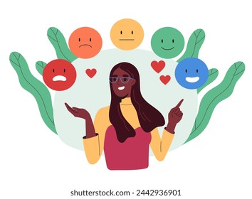 Woman chooses emotion concept. Young girl with different emojies and mood. Anger, neutral and happiness. Feelings and emotions. Cartoon flat vector illustration isolated on white background