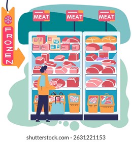 Woman chooses frozen food in the freezer in the form of frozen meat. Young girl shopping for frozen meat in the supermarket. Cartoon flat vector illustration