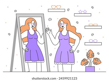 Woman chooses glasses simple. Young girl with eyeglasses stand near mirror and look at her reflection. Beautty and elegance. Health care and vision correction. Doodle flat vector illustration