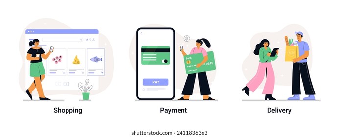 A woman chooses goods, pays online, and receives an order from a courier. Easy online shopping in three steps. Vector flat illustrations for app, web banner, and landing page.