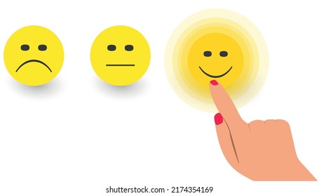 Woman chooses a happy smile with her finger.Customer review satisfaction feedback survey concept. customer satisfaction concept idea.