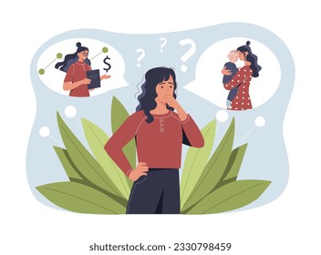 Woman chooses life or work concept. Young girl with kid or in suit. Motherhood versus career. Comparison and decision making, prioritization, solution. Cartoon flat vector illustration