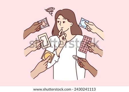Woman chooses method of contraception from birth control pills and condoms for safe sex. Thoughtful girl cares about health consciously approaches choice of contraception to avoid unplanned pregnancy