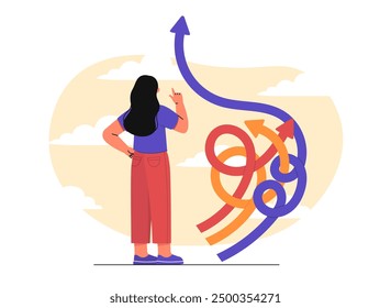 Woman chooses path. Young girl makes decision. Career ambitions and motivation. Novice specialist and student choosing way and direction. Flat vector illustration isolated on white background