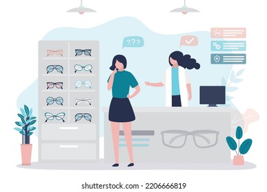 Woman chooses sunglasses. Female consumer stands in front of counter with goods and chooses eyeglass for purchase. Optometrist shelping client. Fashion optics store. Shopping and consumption concept.