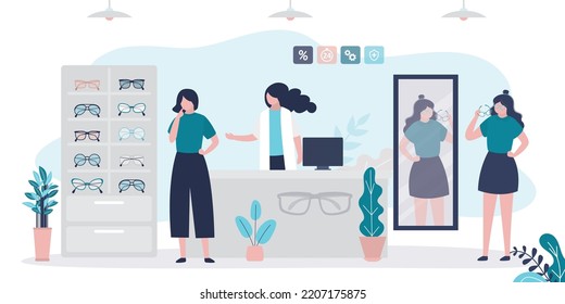 Woman chooses sunglasses. Female consumer stands at mirror and fitting new eyeglass for purchase. Optometrist helping client. Fashion optics store. Shopping, consumption concept. vector illustration