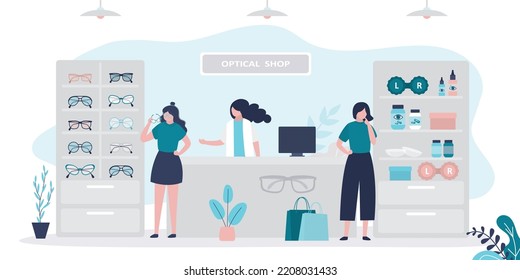 Woman chooses sunglasses. Female consumer select contact lenses  for purchase. Optometrist helping client. Shop assistant woman behind the counter. Fashion optics store. Shopping, consumption concept.