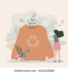 Woman chooses sweater made from recycled materials. Sweatshirt with recycling symbol. Sustainable fashion and green technologies. Eco friendly textile. Ethical clothing production. Vector illustration