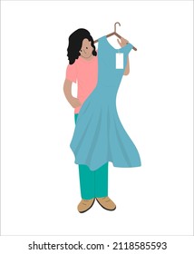 A woman chooses, tries on a blue, blue dress. The girl is shopping. A business woman chooses an outfit for a holiday. Colored vector illustration on a white background.