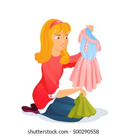 Woman chooses what to wear. Vector illustration