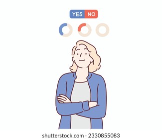 woman chooses Yes or No. Concept of choice, search for an answer, acceptance of refusal or consent. Hand drawn style vector design illustrations.