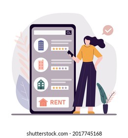 Woman Choosing Apartment To Rent In Mobile App Based On Reviews. Renting Property With Online Service. Girl Looking For House. Real Estate Selection. Choice Of Housing By Rating. Vector Illustration