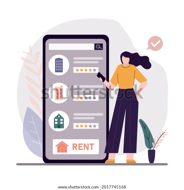 Woman choosing apartment to rent in mobile\
app based on reviews. Renting property with online service. Girl\
looking for house. Real estate selection. Choice of housing by\
rating. Vector\
illustration