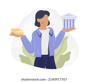 Woman Choosing Bank. Girl With Coins In One Hand And Building In Other. Investment Efficiency Assessment And Financial Literacy. Person Thinks About Family Budget. Cartoon Flat Vector Illustration