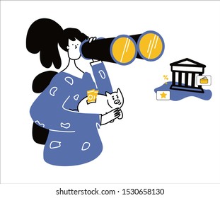 Woman choosing between bank and piggybank flat vector illustration. Budget planning concept isolated clipart. 