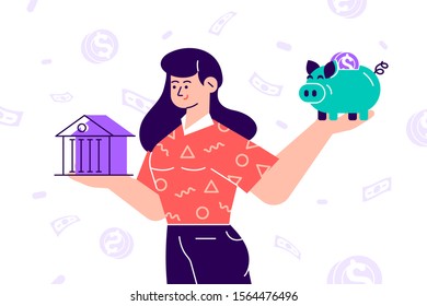 Woman choosing between bank and piggybank. Budget planning concept isolated clipart. Money savings investment and funding. Bank loan and economy choice. Financial literacy. Flat vector illustration.
