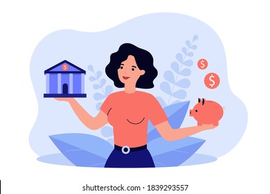 Woman choosing between bank and piggybank flat vector illustration. Cartoon lady thinking about money safety and budget planning. Economy choice and investment concept