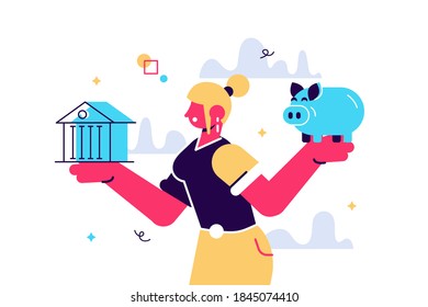 Woman choosing between bank and piggybank flat vector illustration. Budget planning concept isolated clipart. Money savings investment and funding. Bank loan and economy choice. Financial literacy.