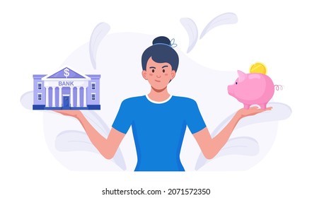 Woman choosing between bank and piggybank, thinking about instrument for saving, planning budget. Money savings. investment. Bank loan and economy choice. Financial literacy. Vector illustration