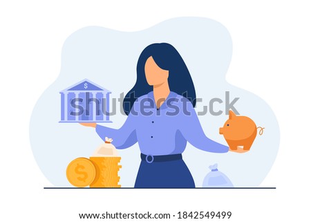 Woman choosing between bank and piggybank, choosing instrument for saving, planning budget or loan. Vector illustration for personal finance or economy concept