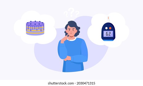 La mujer elige entre el pastel y el nivel normal de glucosa en sangre. Niña pensando en dulces y en glucómetro. Elección entre la diabetes y la salud. Ilustración del vector